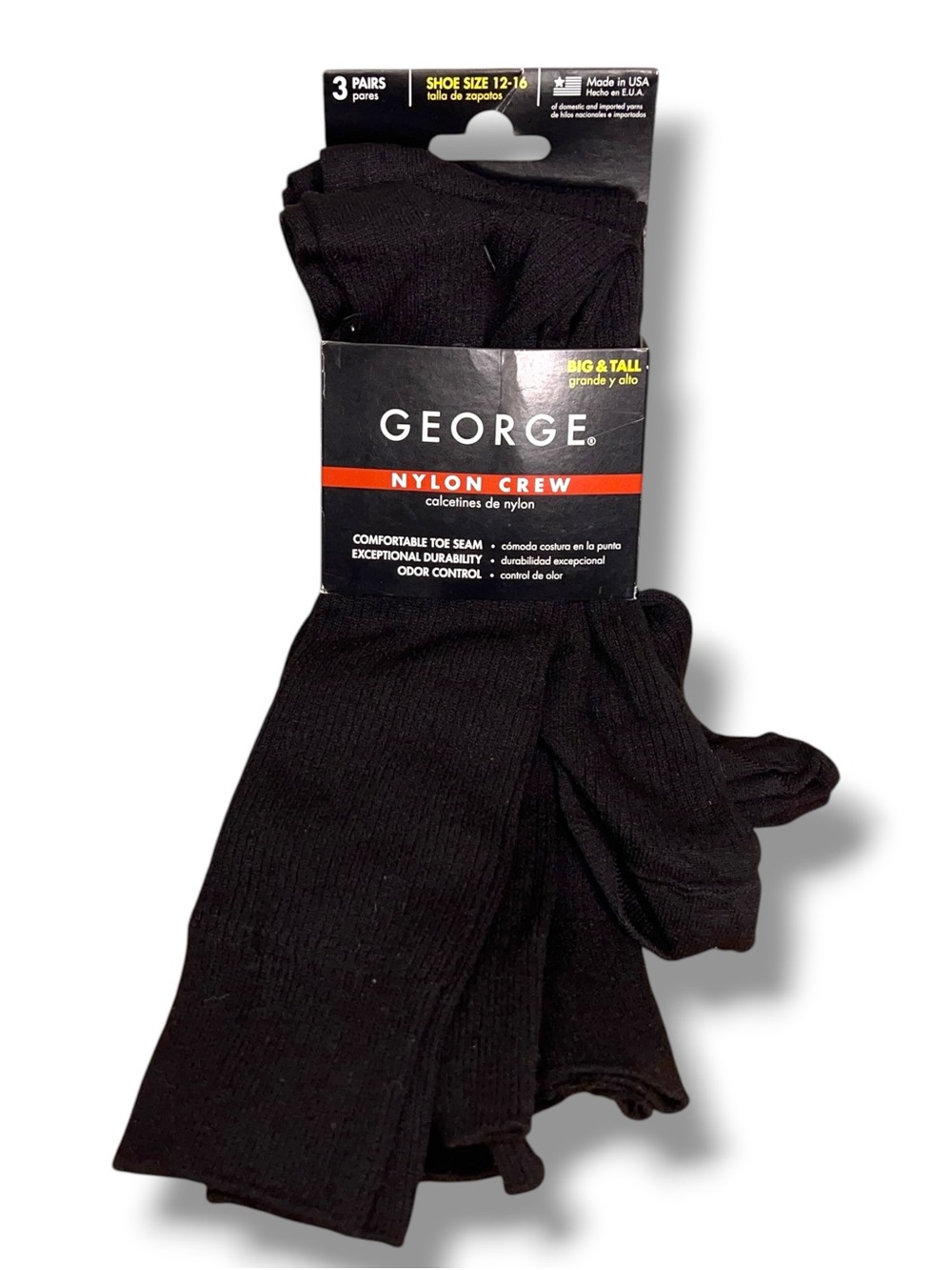 Vintage New George Made In USA Black Crew 3 Pack Dress Socks Big Tall Classic